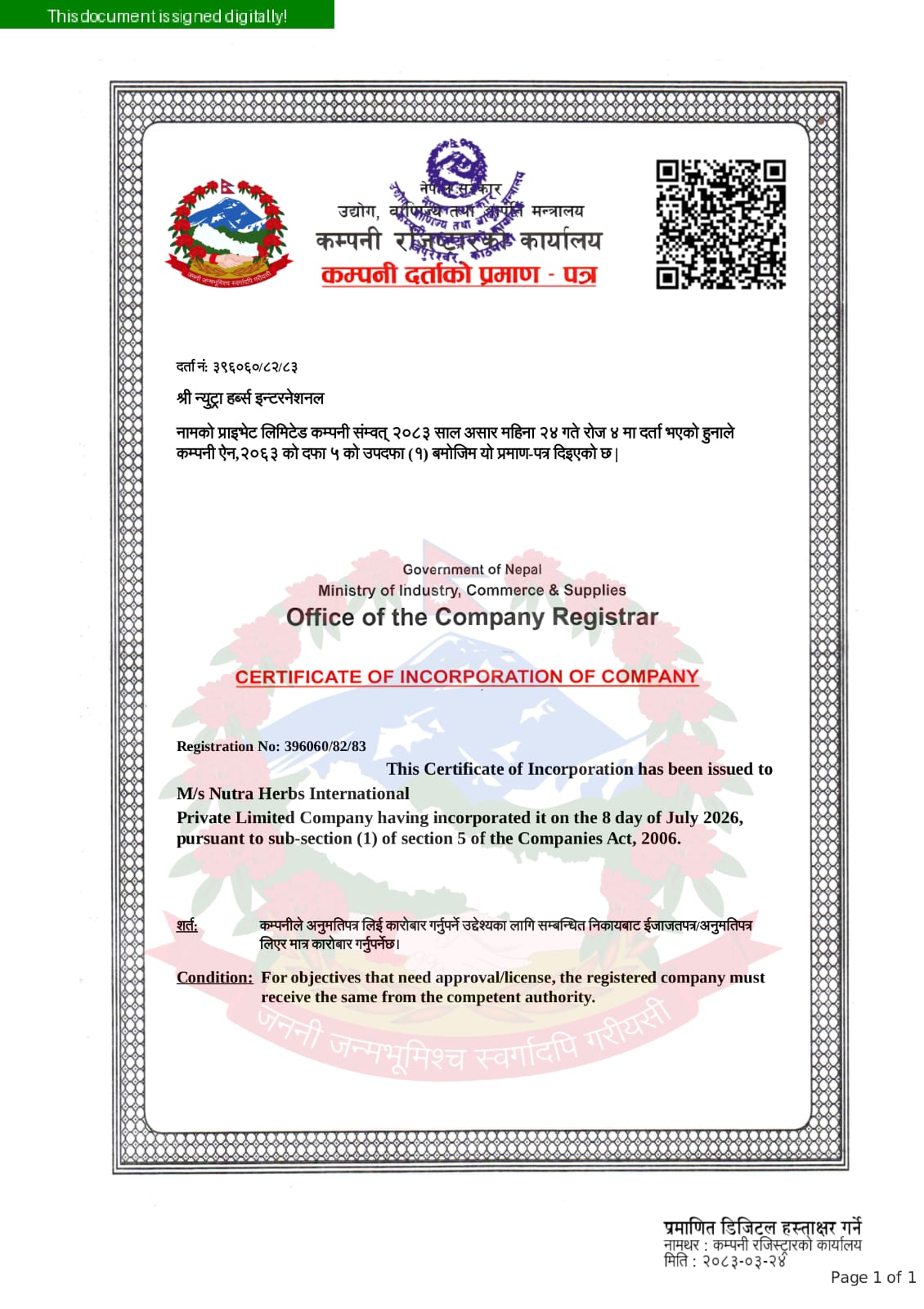 Certificate of Incorporation of Company